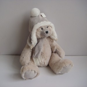 JH-9866B Plush Bear in Light Grey color with Christmas Hat and Scarf