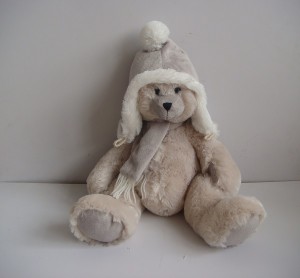 JH-9866B Plush Bear in Light Grey color with Christmas Hat and Scarf