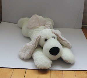 JH-9872D Plush Lying dog in Light Beige color with Scarf