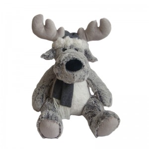 JH-9867A Plush Reindeer in Light Grey color with Christmas Hat and Scarf