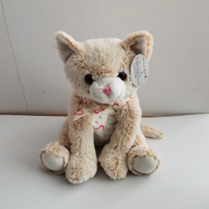 JH-9972A Plush Cat with bow sitting position in Cream color