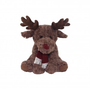 JH-1054D Plush Reindeer with scarf sitting position in Dark Brown color