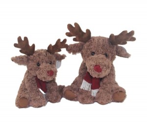 JH-1054D Plush Reindeer with scarf sitting position in Dark Brown color