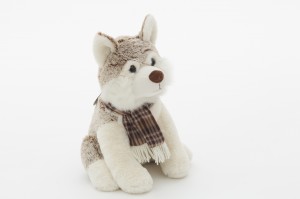 JH-9932B Plush Husky with scarf sitting position in Light Brown color