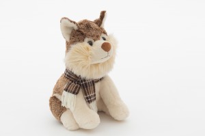 JH-9932D Plush Husky with scarf sitting position in Brown color