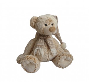 JH-9865D Plush Bear in Light Beige color with Christmas Hat and Scarf