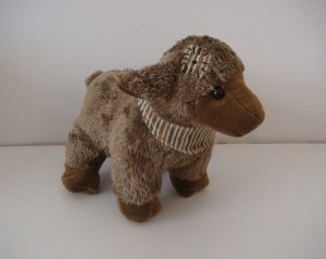 JH-9811A Plush standing Sheep with scarf  in Brown color