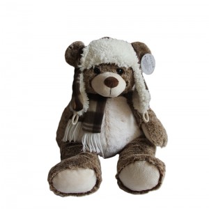 JH-9937B Plush Bear with Hat + Scarf in Brown color