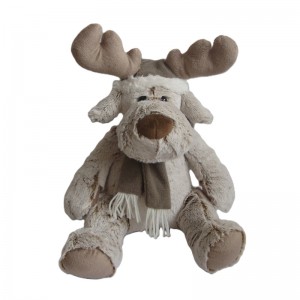 JH-9867D Plush Reindeer in Light Brown with Christmas Hat and Scarf