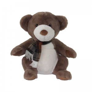 JH-1070E Plush Bear with scarf sitting position in Dark Brown  color