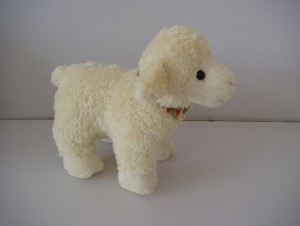 JH-9811D Plush standing Sheep with scarf  in White color