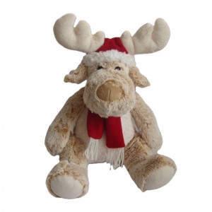 JH-9867C Plush Reindeer in Cream with Christmas Hat and Scarf