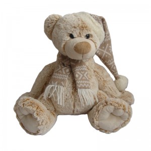 JH-9865D Plush Bear in Light Beige color with Christmas Hat and Scarf