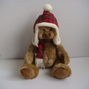 JH-9866A Plush Bear in Brown color with Christmas Hat and Scarf