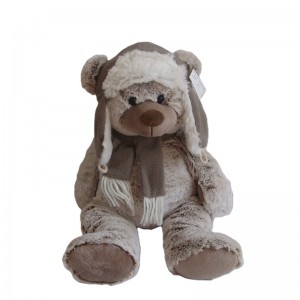 JH-9864B Plush Bear in Light Brown color with Christmas Hat and Scarf