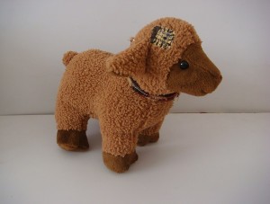 JH-9811B Plush standing Sheep with scarf  in Light Brown color