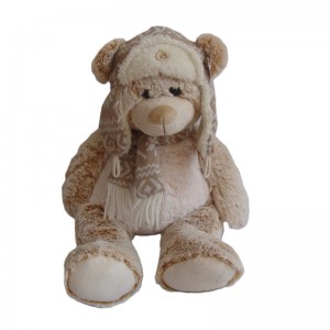 JH-9864C Plush Bear in Light Beige color with Christmas Hat and Scarf