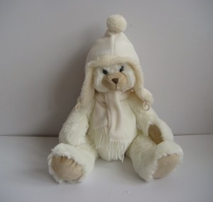 JH-9866C Plush Bear in Light Beige color with Christmas Hat and Scarf