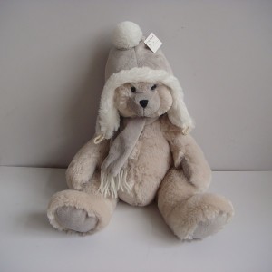 JH-9866B Plush Bear in Light Grey color with Christmas Hat and Scarf