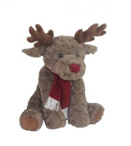 JH-1054C Plush Reindeer with scarf sitting position in Dark Brown color