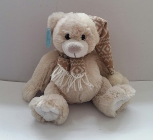 JH-9865E Plush Bear in Light beige color with Christmas Hat and Scarf