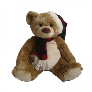 JH-9870B Plush Bear in Brown color with Hat + Scarf