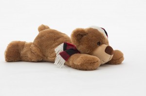 JH-9934A  Plush Lying Bear with Scarf in Brown color