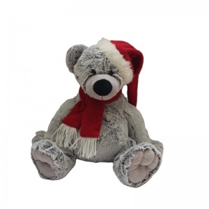 JH-9865F Plush Bear in Light Grey color with Christmas Hat and Scarf