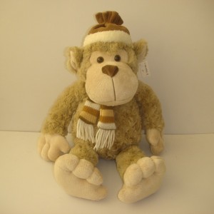 JH-9846B Plush Monkey with Scarf and Hat in Light Brown color