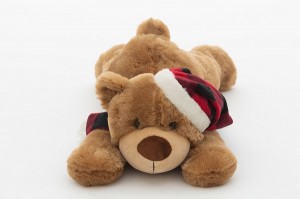 JH-9934A  Plush Lying Bear with Scarf in Brown color