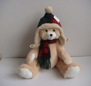 JH-9866D Plush Bear in Light Brown color with Christmas Hat and Scarf