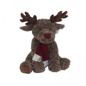 JH-1054C Plush Reindeer with scarf sitting position in Dark Brown color