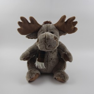 JH-1073B Plush Reindeer with scarf sitting position in Dark Brown  color