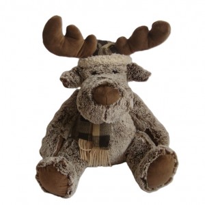 JH-9867B Plush Reindeer in Brown color with Christmas Hat and Scarf