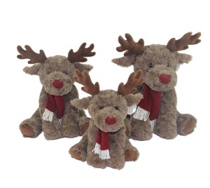 JH-1054C Plush Reindeer with scarf sitting position in Dark Brown color